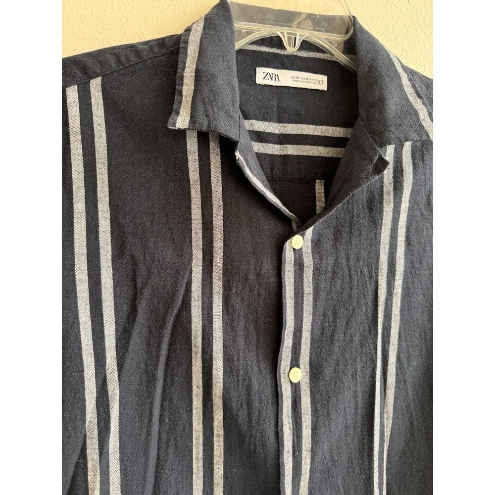 Zara Striped Linen Camp Collar Short Sleeve Shirt Men M Blue White Button Down - Picture 4 of 8